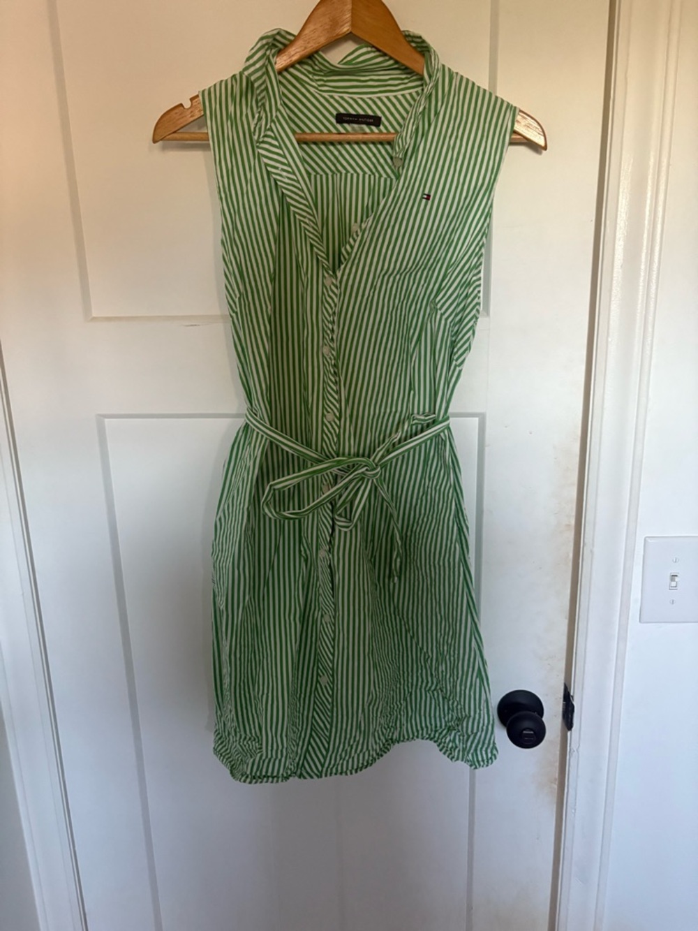 Tommy Hilfiger Green and White Striped Sleeveless Shirt Dress with Tie Waist